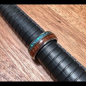 Men's Carbide Tungsten Band, Blue Opal and Whisky Barrel Wood Inlay Ring Size 9